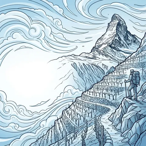 The Alpine Grand Journey banner: a hiker on terraced vines below a snowy peak