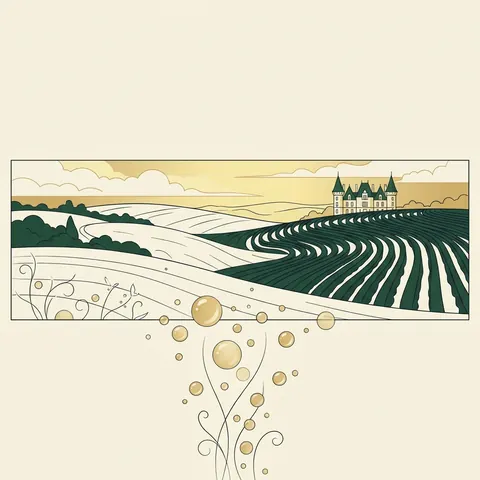 The Champagne Odyssey banner: chalk-white vineyard rows rolling to a château, bubbles rising