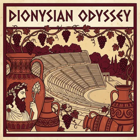 The Dionysian Odyssey banner: Dionysus beside a Greek theatre, with vines and painted amphorae