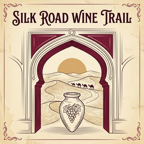 The Silk Road Wine Trail banner: an amphora under a desert arch, a camel caravan behind it