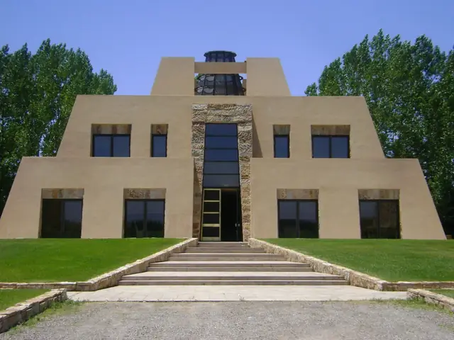 Bodega Catena Zapata's pyramid-shaped winery in Agrelo, Mendoza, steps leading up to it (1600 px)