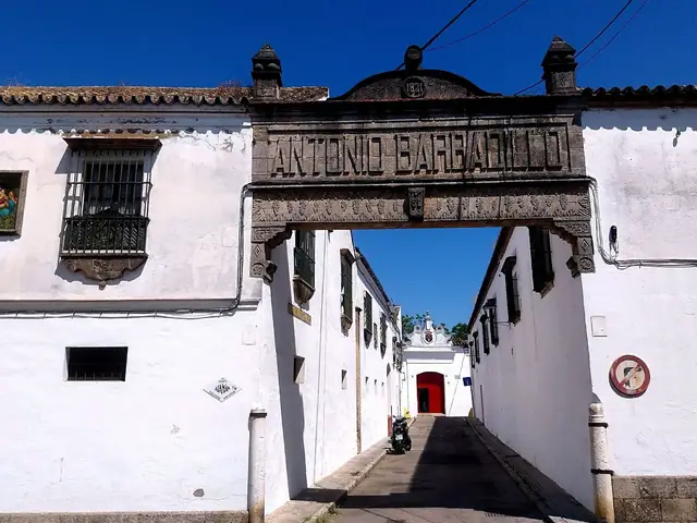 Barbadillo's bodega lane in Sanlúcar under the stone arch carved ANTONIO BARBADILLO, whitewashed walls either side