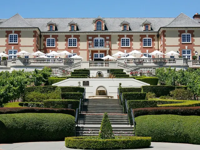 Domaine Carneros' French-style château above its formal stairs and clipped hedges, Napa