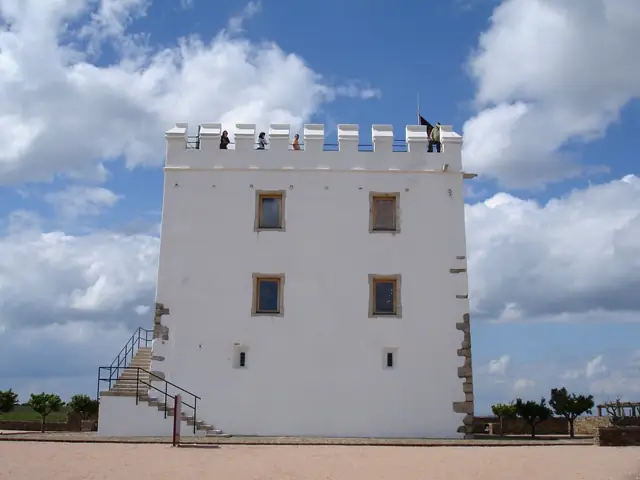 The medieval Torre do Esporão, the estate's white crenellated tower, under a blue sky