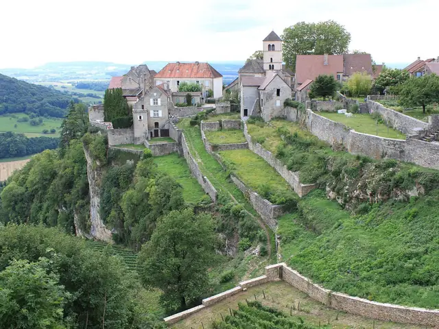 Château-Chalon on its rocky spur above walled terraces, seen from the Belvédère Saint-Jean