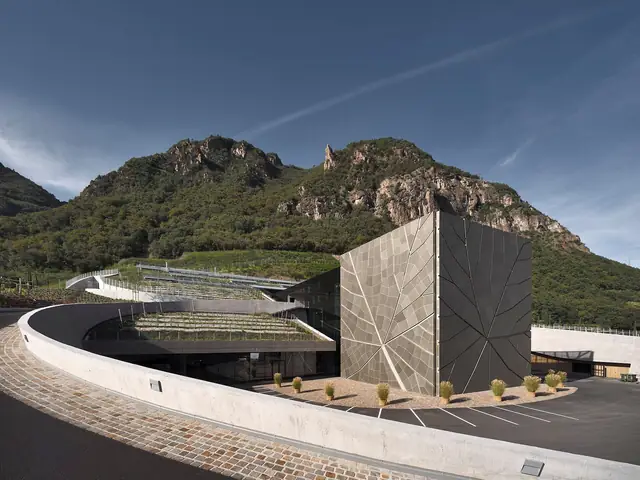 The new Kellerei Bozen winery building in Moritzing: a bronze-clad cube and curved walls below the mountain