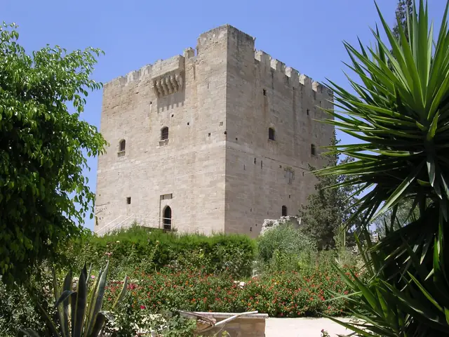 Kolossi Castle's square keep above its garden, the Commandery where Commandaria got its name