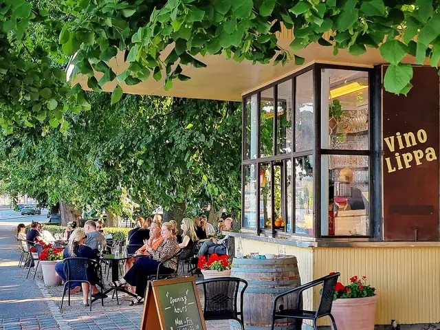 VinoLippa's canopy kiosk in Liisanpuistikko with its painted 'Vino Lippa' sign, wine barrel and terrace under the trees, July 2025