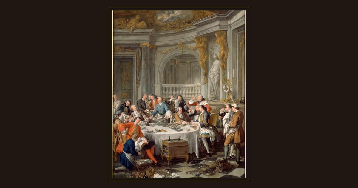 Jean-François de Troy painting of gentlemen at an oyster lunch looking up as a champagne cork flies