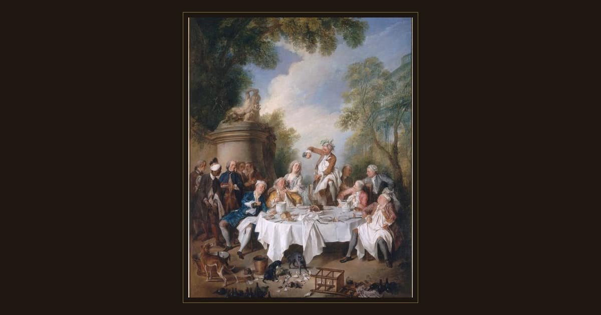 Nicolas Lancret painting of an outdoor lunch party, a man pouring champagne as the guests raise their glasses