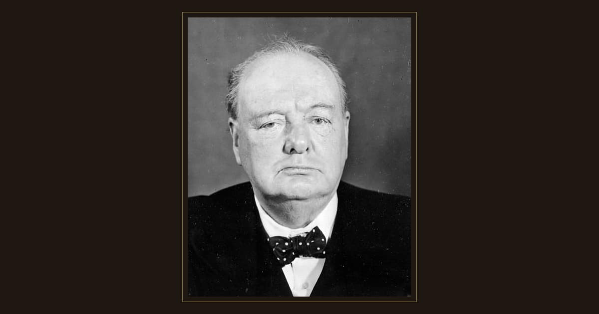 Black-and-white portrait of Winston Churchill in a dark suit and spotted bow tie