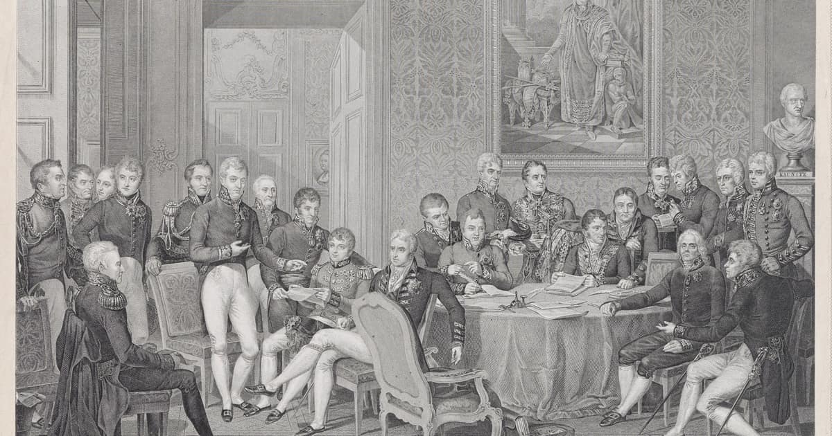 A lithograph of the Congress of Vienna delegates gathered around a table in a grand room