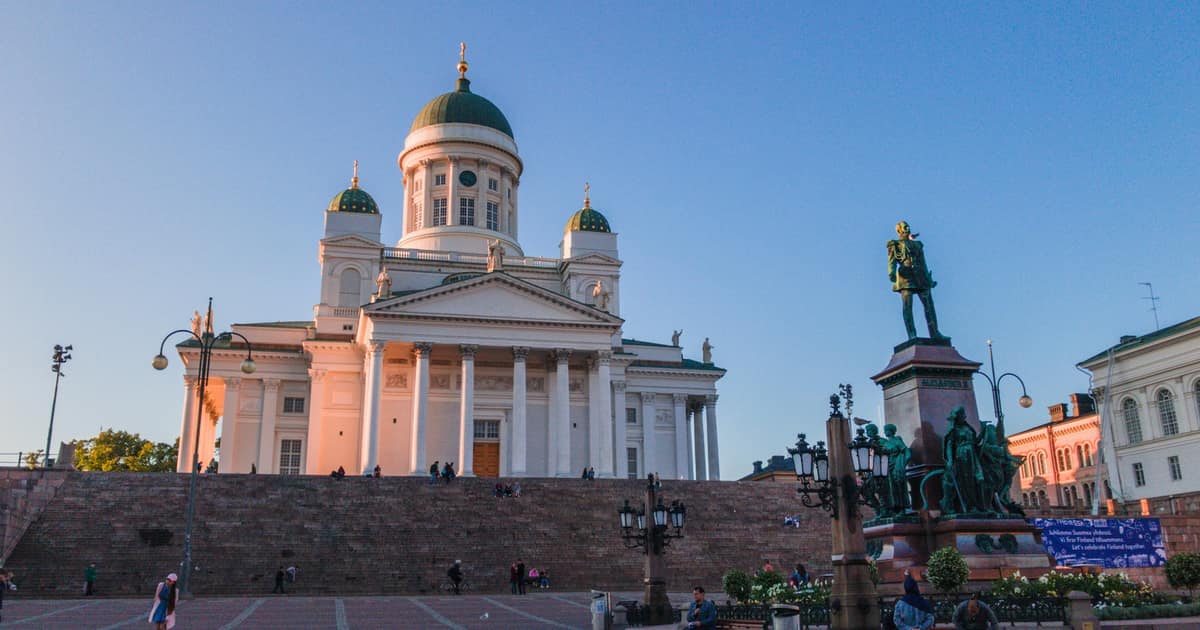 Helsinki Cathedral above the steps of Senate Square, with the statue of Alexander II