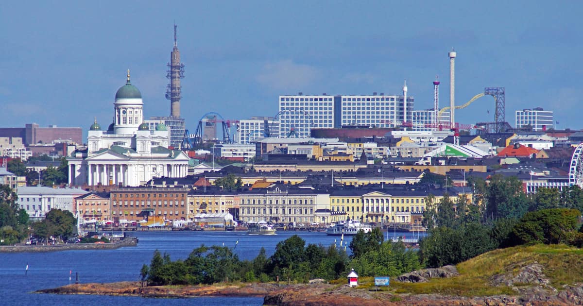 The Helsinki skyline across the water, the cathedral dome above the harbour