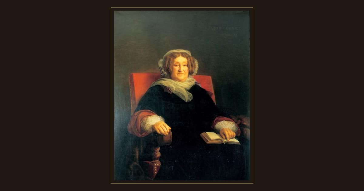 Portrait of Barbe-Nicole Clicquot in old age, seated in a red armchair in black dress and a lace shawl